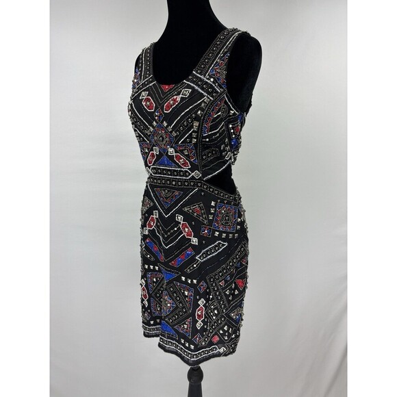 Parker Covina Beaded Mini Dress Black Red Blue XS Cut Out Sleeveless Back Zip - Picture 2 of 15